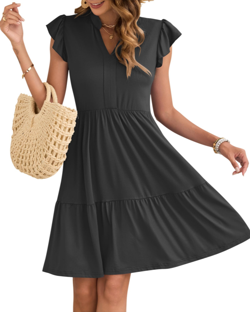 Eula Robe Femme – Col V, Manches Volants & Taille Élastique avec Poches Mini Été
