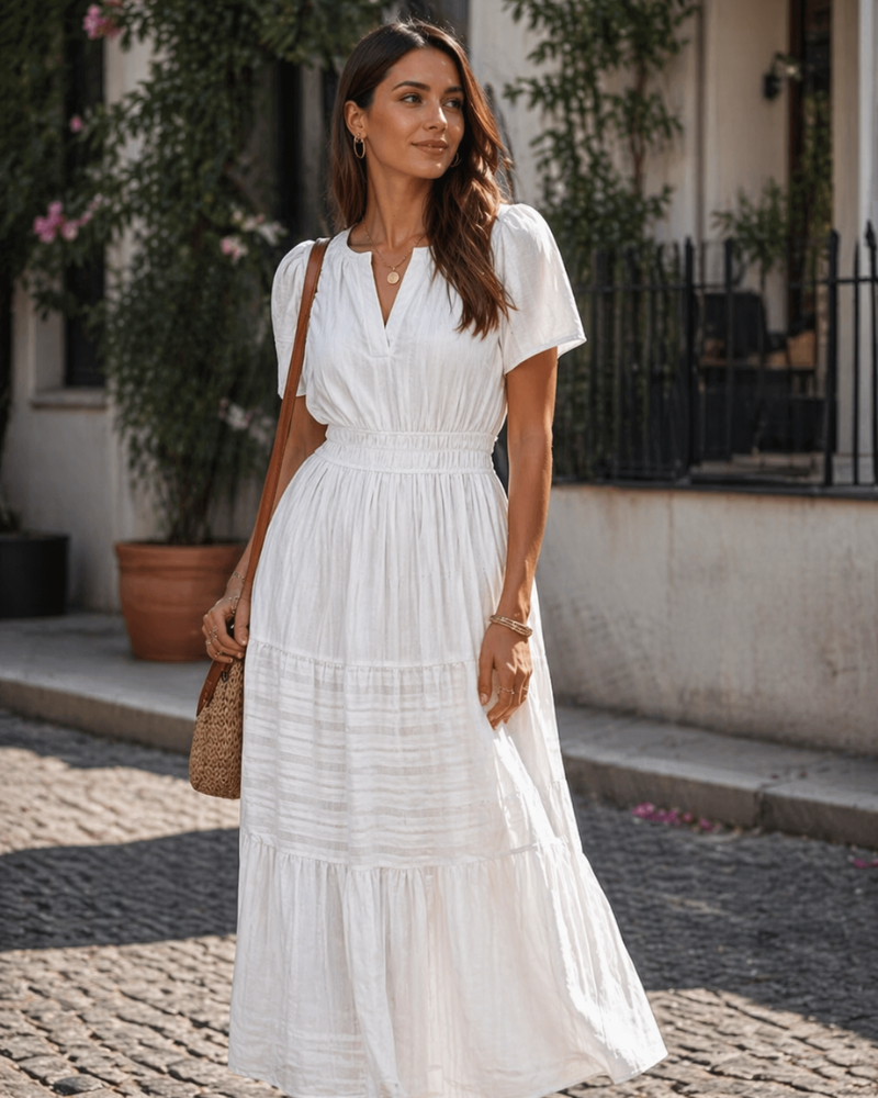 Eliza Women's Dress – Bohemian Maxi Dress with V-Neck, Short Sleeves, Elastic Waist, Flowing Fabric, Pockets