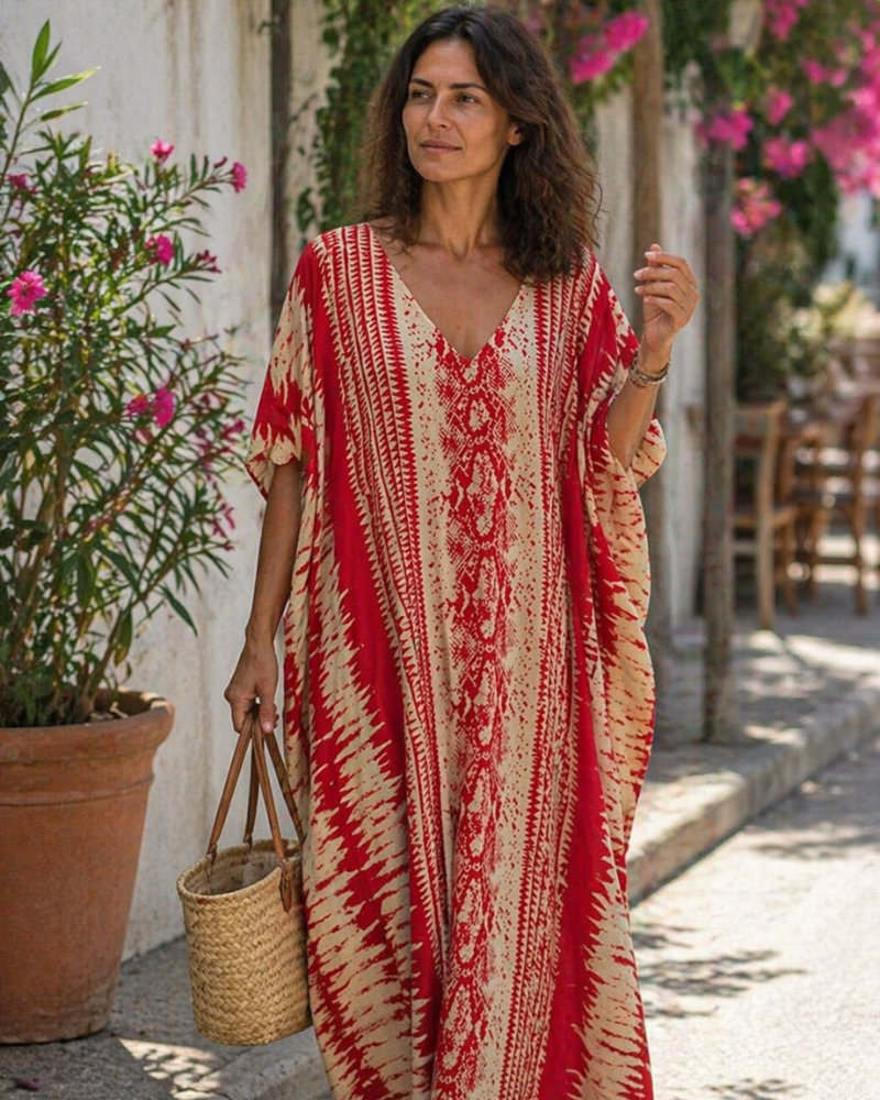Ninna női kaftán köntös – hosszú bohém virágmintás kimono strandruha nyárra, könnyű anyagból