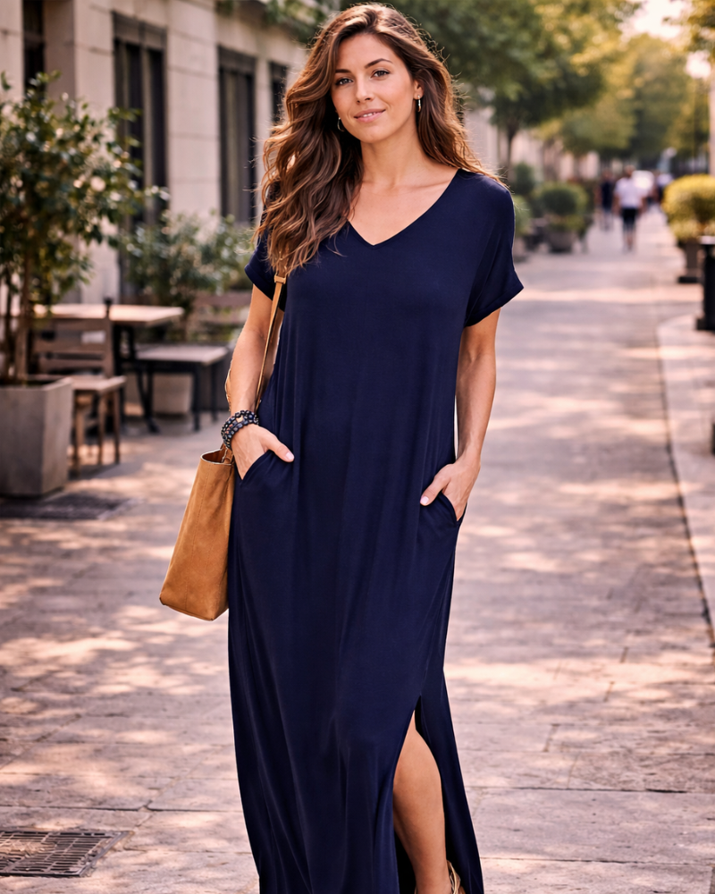 Rosenda Damen Maxikleid – V-Ausschnitt, Kurzarm, Fließender Schnitt & Schlitz mit Taschen Sommer