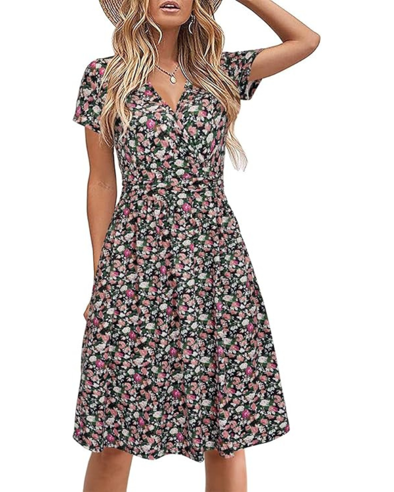 Genesis Women's Robe – Floral Print, Crossed V-Neck & Pockets Elegant A-Line Cut