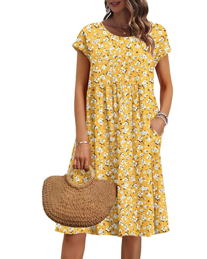 Elowen Damenkleid – V-Ausschnitt, Hohe Taille & Taschen, Plissierter Schnitt, Knielang, Sommer
