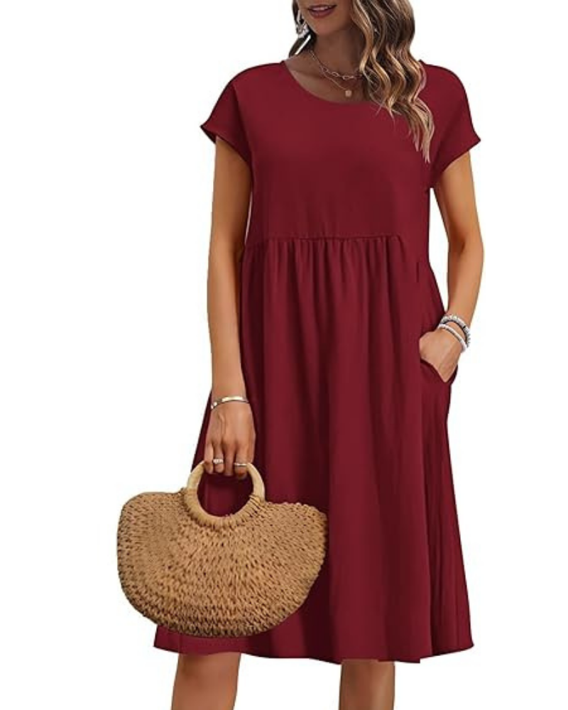 Elowen Damenkleid – V-Ausschnitt, Hohe Taille & Taschen, Plissierter Schnitt, Knielang, Sommer
