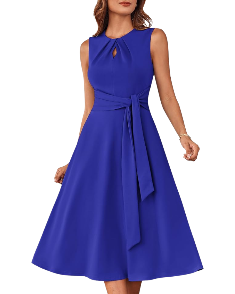 Indie Midi Dress for Women – A-Line Cut, Sleeveless & Belted with Elegant Pockets