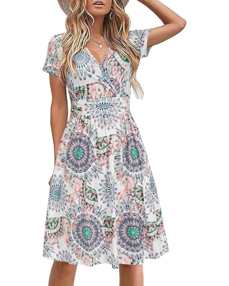 Genesis Women's Robe – Floral Print, Crossed V-Neck & Pockets Elegant A-Line Cut