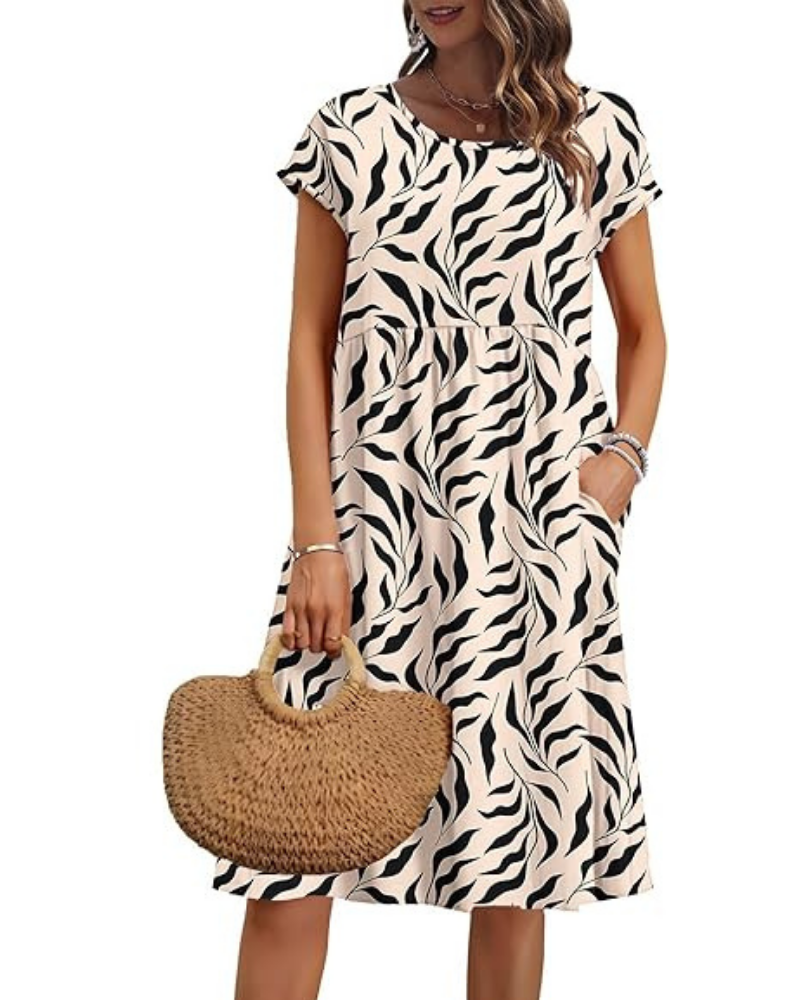 Elowen Damenkleid – V-Ausschnitt, Hohe Taille & Taschen, Plissierter Schnitt, Knielang, Sommer