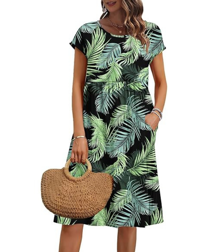 Elowen Damenkleid – V-Ausschnitt, Hohe Taille & Taschen, Plissierter Schnitt, Knielang, Sommer