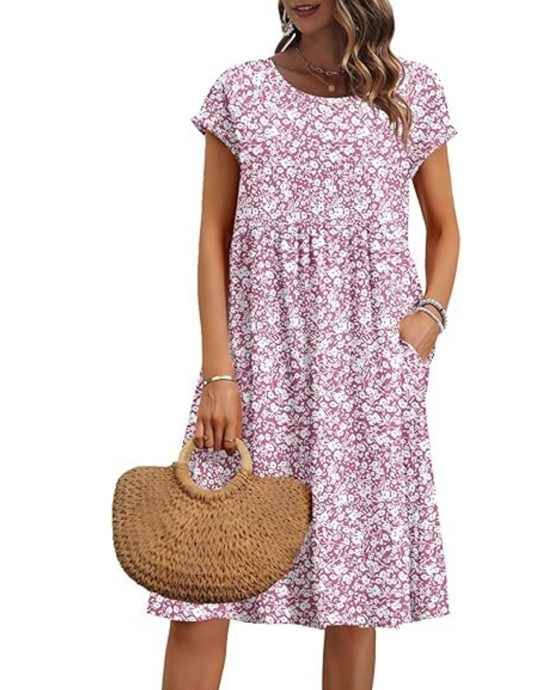 Elowen Damenkleid – V-Ausschnitt, Hohe Taille & Taschen, Plissierter Schnitt, Knielang, Sommer