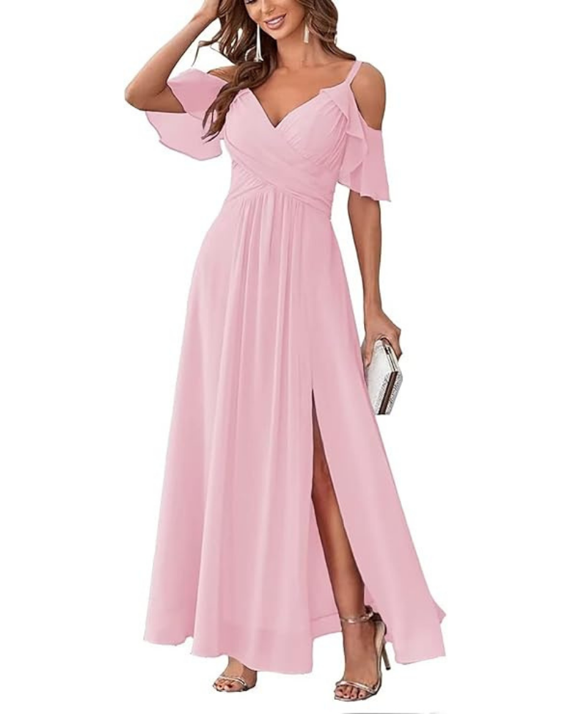 Georgia Robe Longue Femme – Mousseline Épaules Dénudées, Col V & Coupe A-Line Élégante