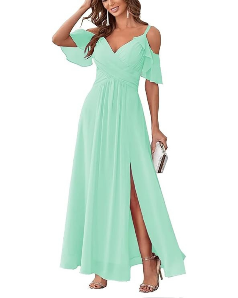 Georgia Robe Longue Femme – Mousseline Épaules Dénudées, Col V & Coupe A-Line Élégante