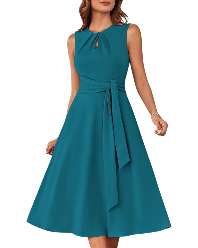 Indie Midi Dress for Women – A-Line Cut, Sleeveless & Belted with Elegant Pockets