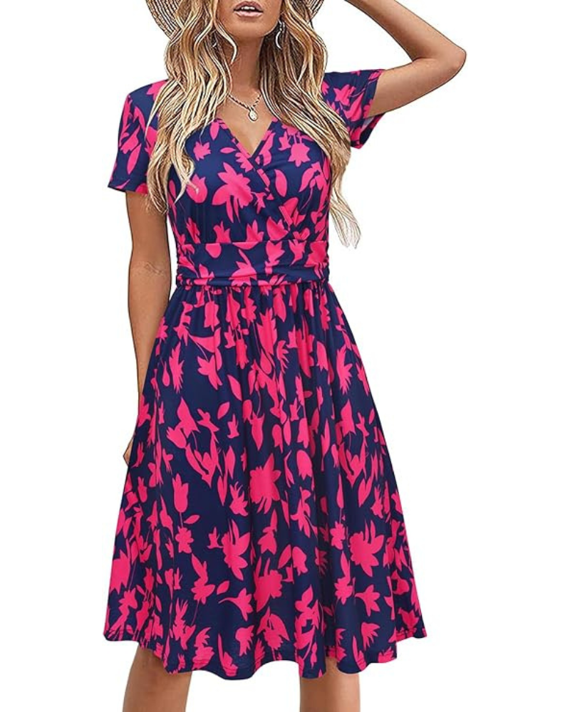 Genesis Women's Robe – Floral Print, Crossed V-Neck & Pockets Elegant A-Line Cut
