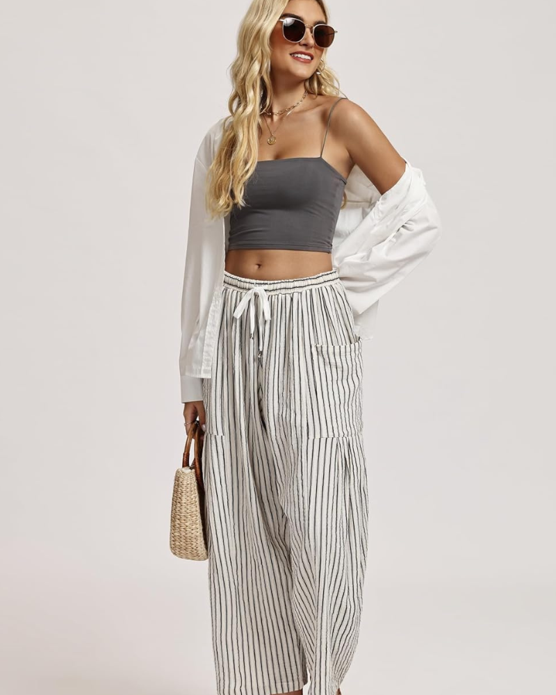 Tina Pantalon damă – Palazzo din in larg, oversize, cu talie cu șnur și buzunare