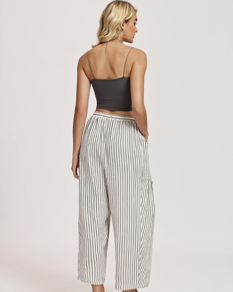Tina Pantalon damă – Palazzo din in larg, oversize, cu talie cu șnur și buzunare