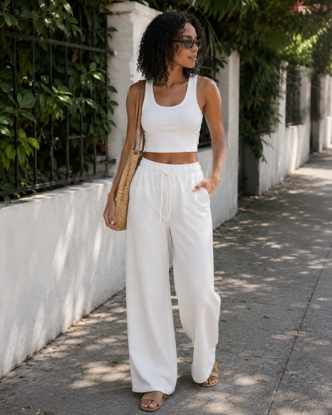 Pantaloni palazzo da donna Ginevra – Cotone e lino, vita alta con coulisse, 4 tasche