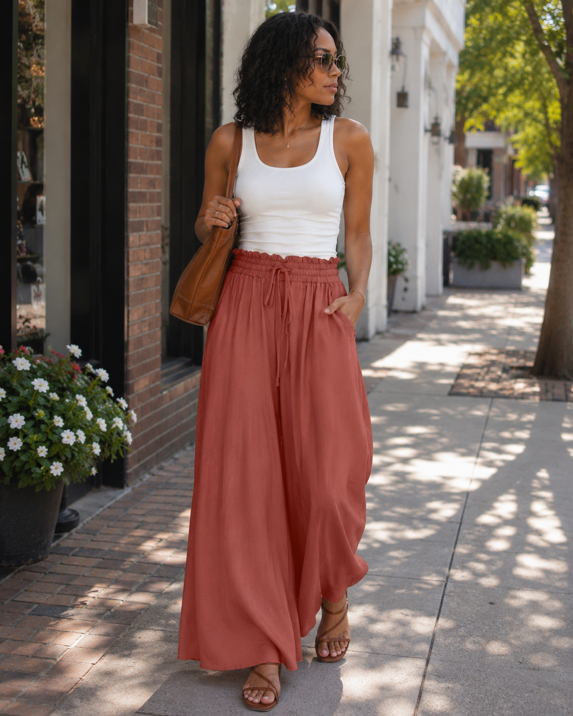 Pantalón palazzo de mujer Ondine – Tiro alto con cordón, fluido, ligero y con bolsillos