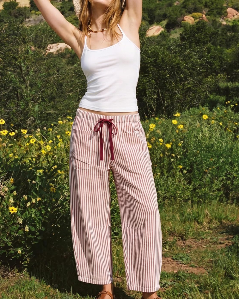 Eshie Pantaloni damă – Capri cu dungi late, talie elastică, șnur și buzunare