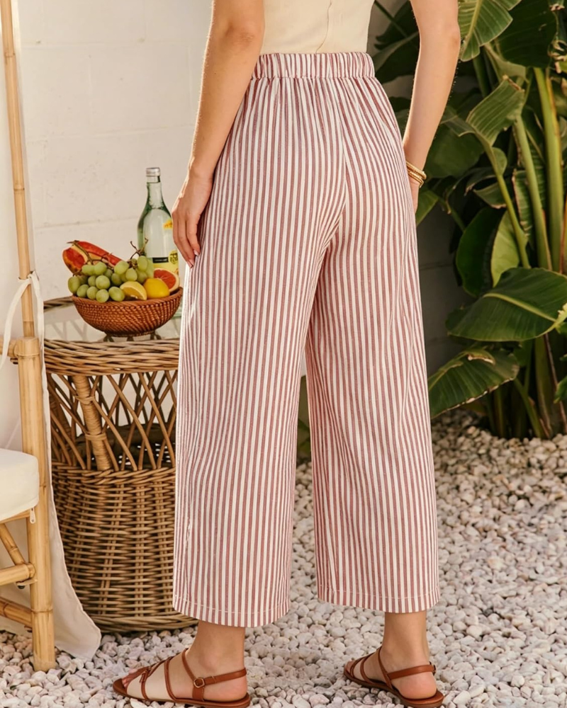 Eshie Pantaloni damă – Capri cu dungi late, talie elastică, șnur și buzunare