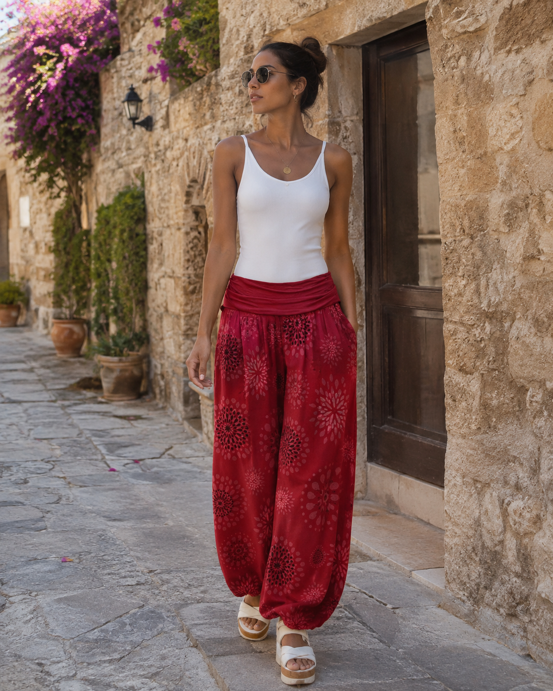 Bellamy Pantalon Sarouel Femme – 100% Viscose Coupe Ample Taille Élastique Yoga Été
