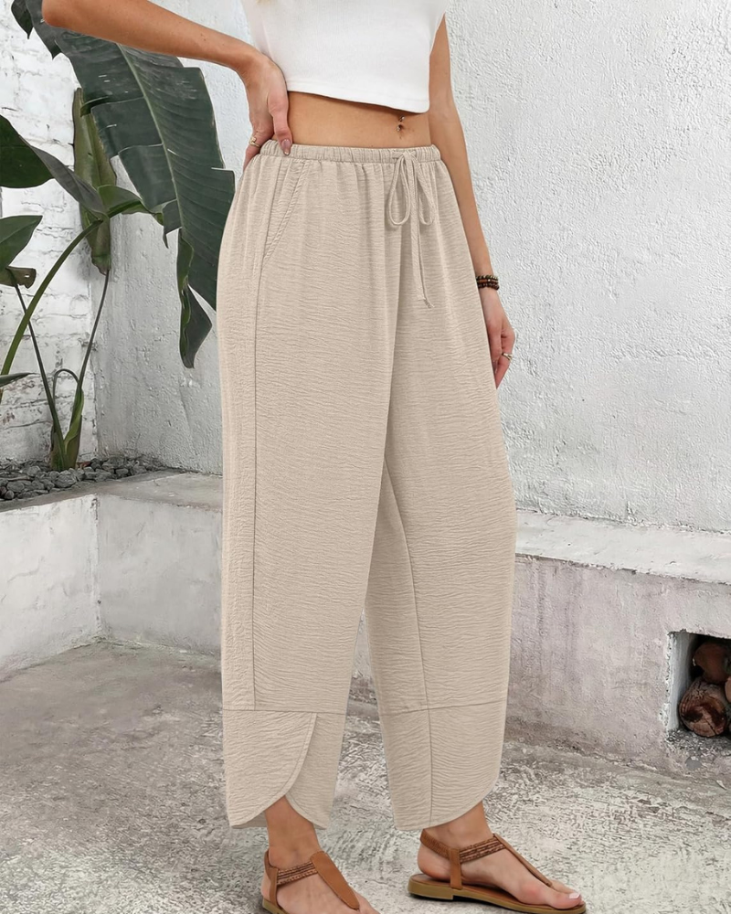 Klair Pantalon damă – Capri Palazzo larg cu talie elastică, șnur și buzunare