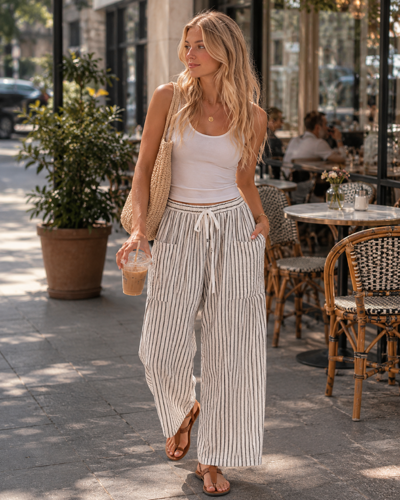 Tina Pantalon Femme – Palazzo Lin Large Oversize Taille Cordon & Poches
