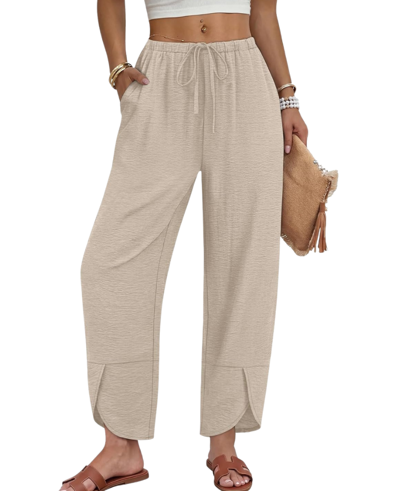 Klair Pantalon damă – Capri Palazzo larg cu talie elastică, șnur și buzunare
