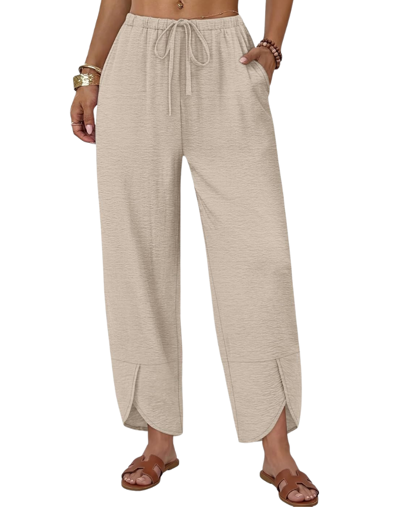 Klair Pantalon damă – Capri Palazzo larg cu talie elastică, șnur și buzunare