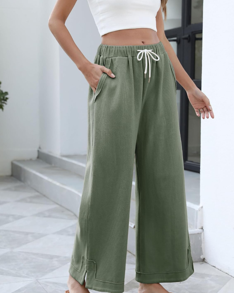 Ahtisa Pantaloni damă – Palazzo larg cu talie elastică, șnur și buzunare