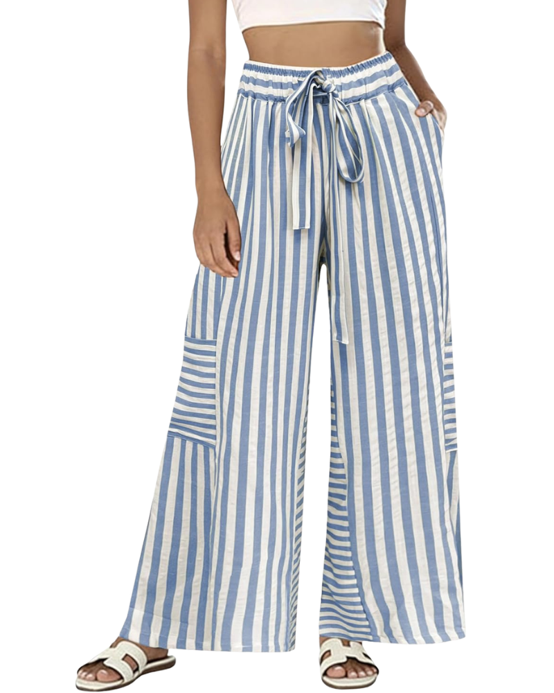 Fina Pantalon Femme – Palazzo Rayé Large Taille Élastique Cordon & Poches