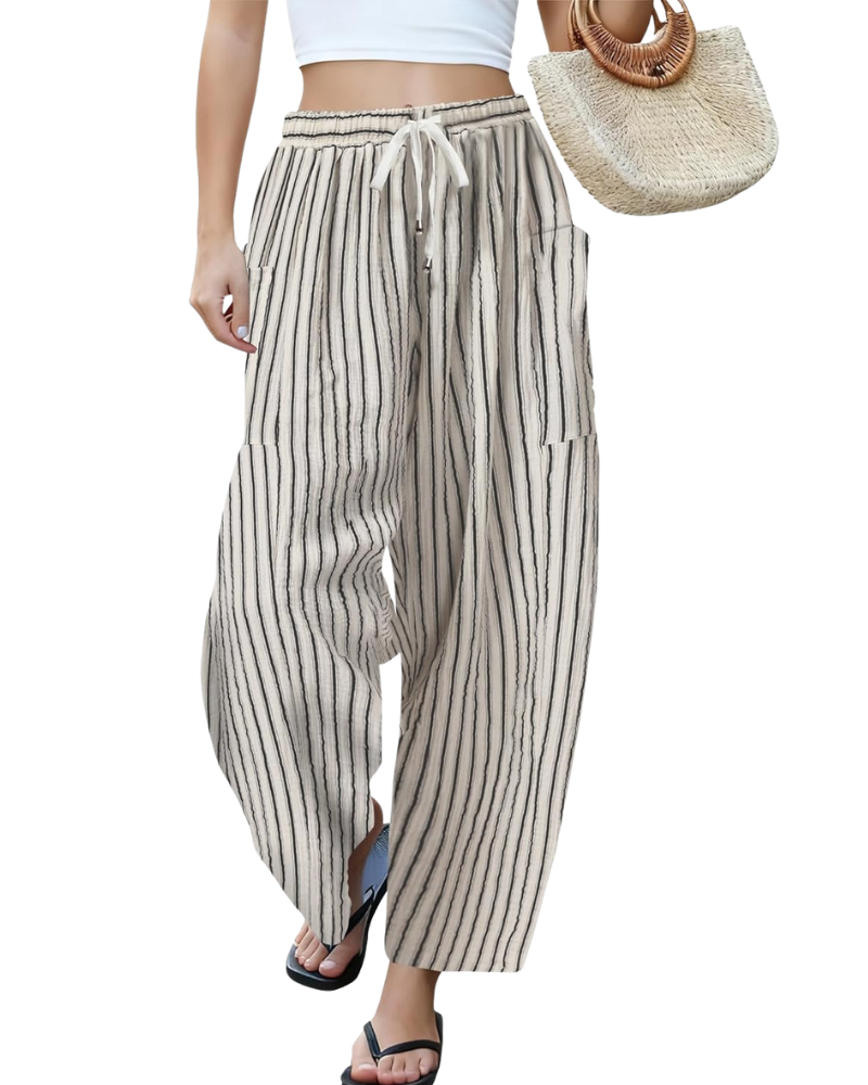 Tina Pantalon damă – Palazzo din in larg, oversize, cu talie cu șnur și buzunare