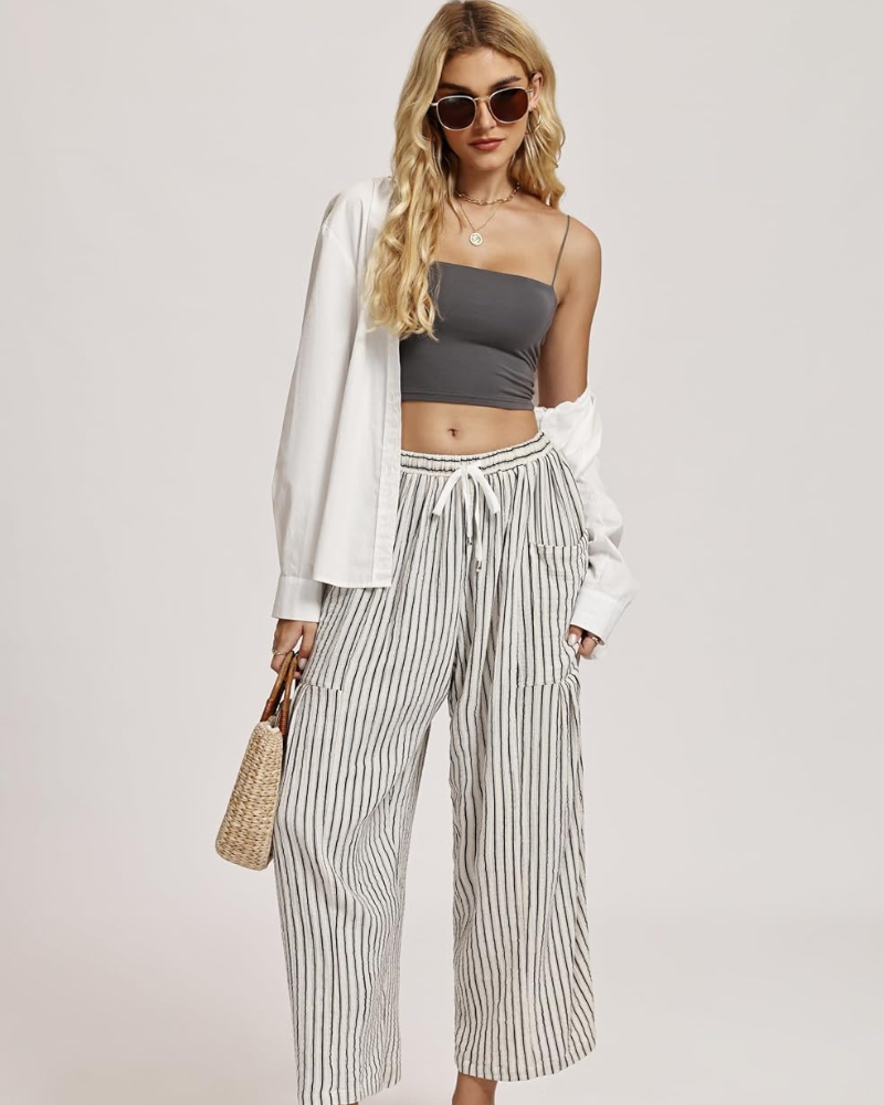 Tina Pantalon damă – Palazzo din in larg, oversize, cu talie cu șnur și buzunare