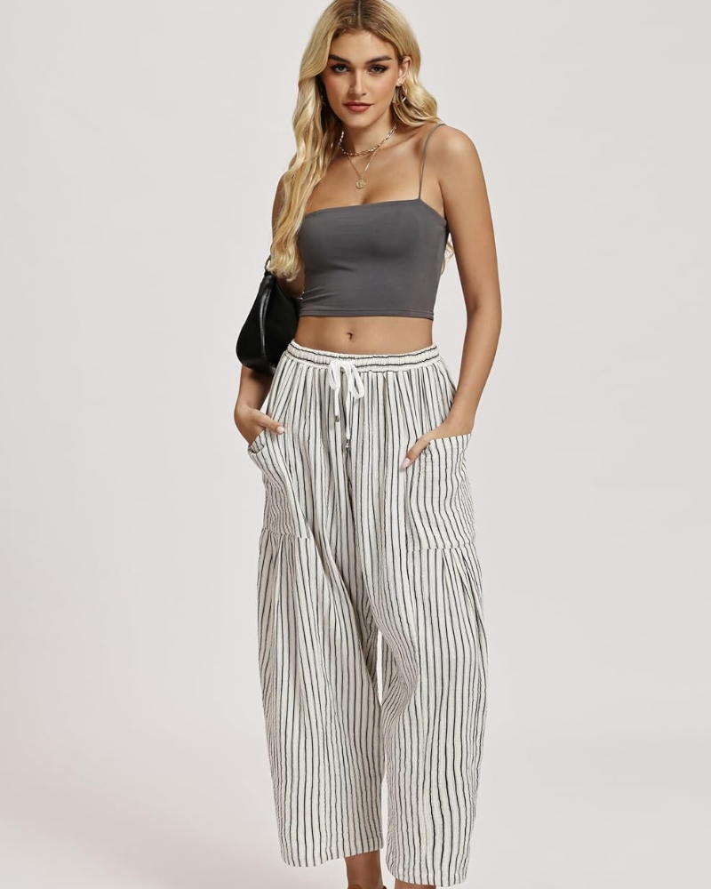Tina Pantalon damă – Palazzo din in larg, oversize, cu talie cu șnur și buzunare