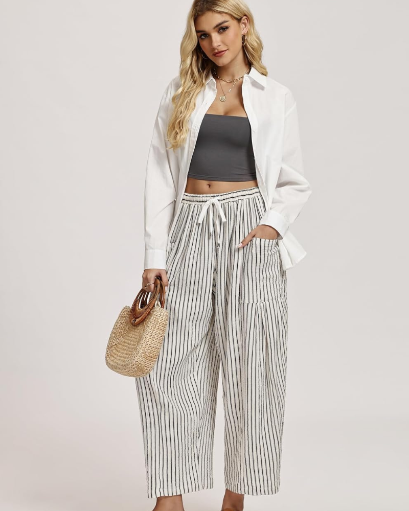 Tina Pantalon damă – Palazzo din in larg, oversize, cu talie cu șnur și buzunare