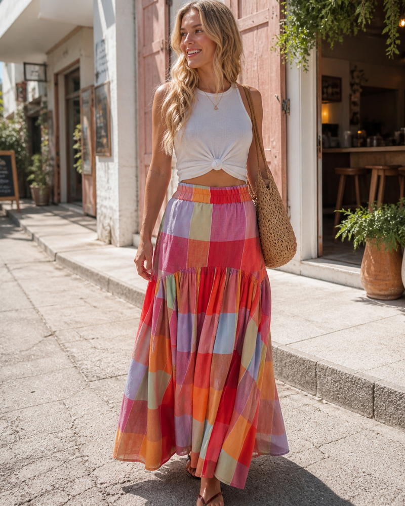 Falda larga Nayla para mujer – Falda de cuadros multicolor de talle alto fruncida