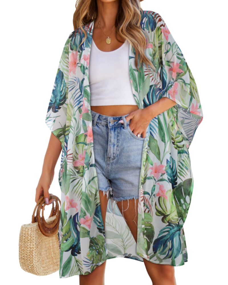 Orélisse Kimono Femme en Mousseline – Cache-Maillot Fleuri Bohème Léger