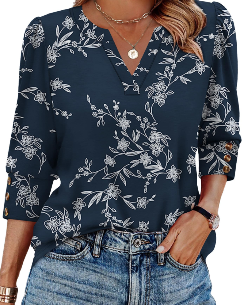 Blusa Séverine para mulher com decote em V – Top elegante com mangas 3/4 e punhos abotoados