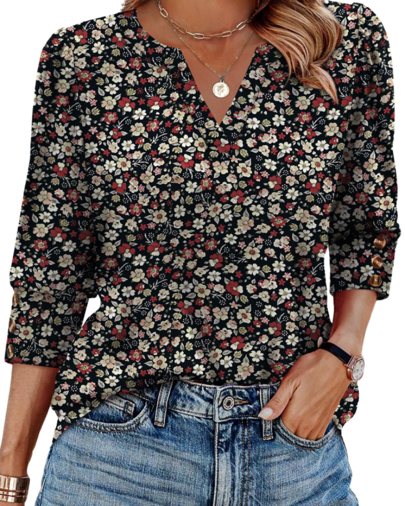 Blusa Séverine para mulher com decote em V – Top elegante com mangas 3/4 e punhos abotoados
