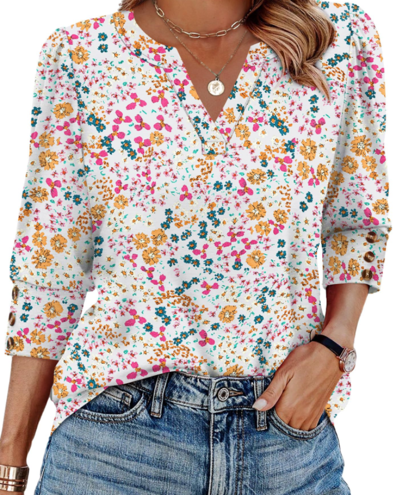 Blusa Séverine para mulher com decote em V – Top elegante com mangas 3/4 e punhos abotoados