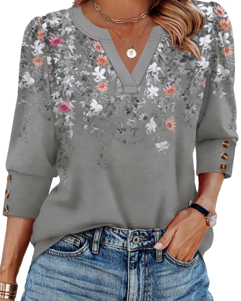 Blusa Séverine para mulher com decote em V – Top elegante com mangas 3/4 e punhos abotoados