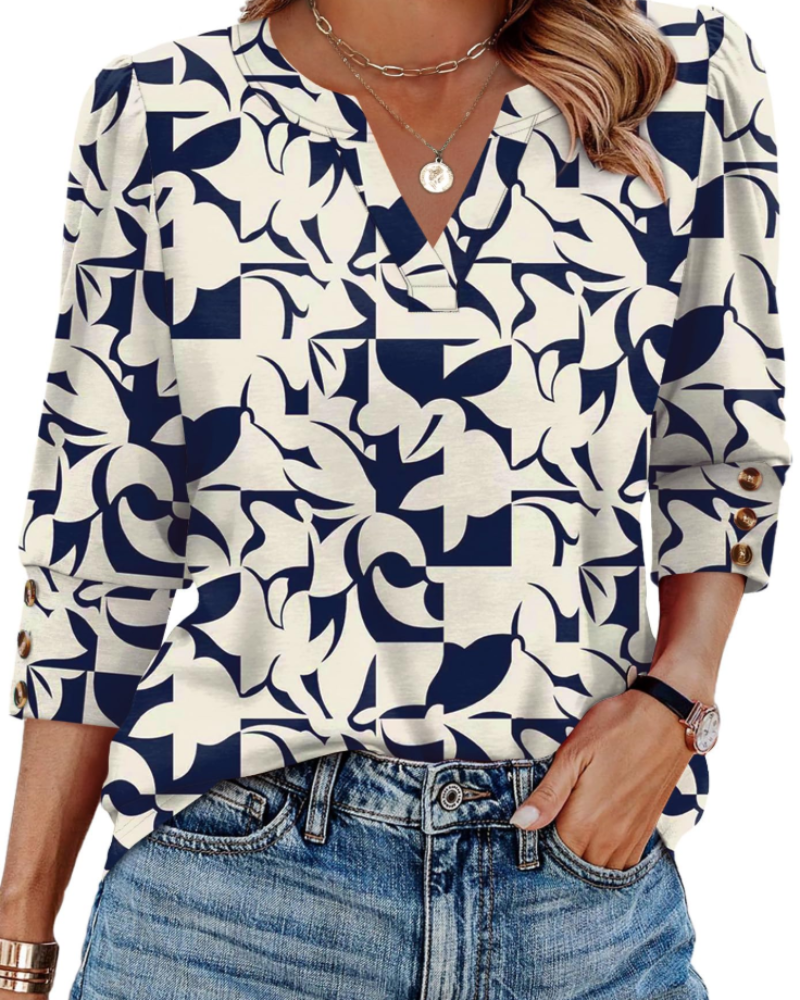 Blusa Séverine para mulher com decote em V – Top elegante com mangas 3/4 e punhos abotoados