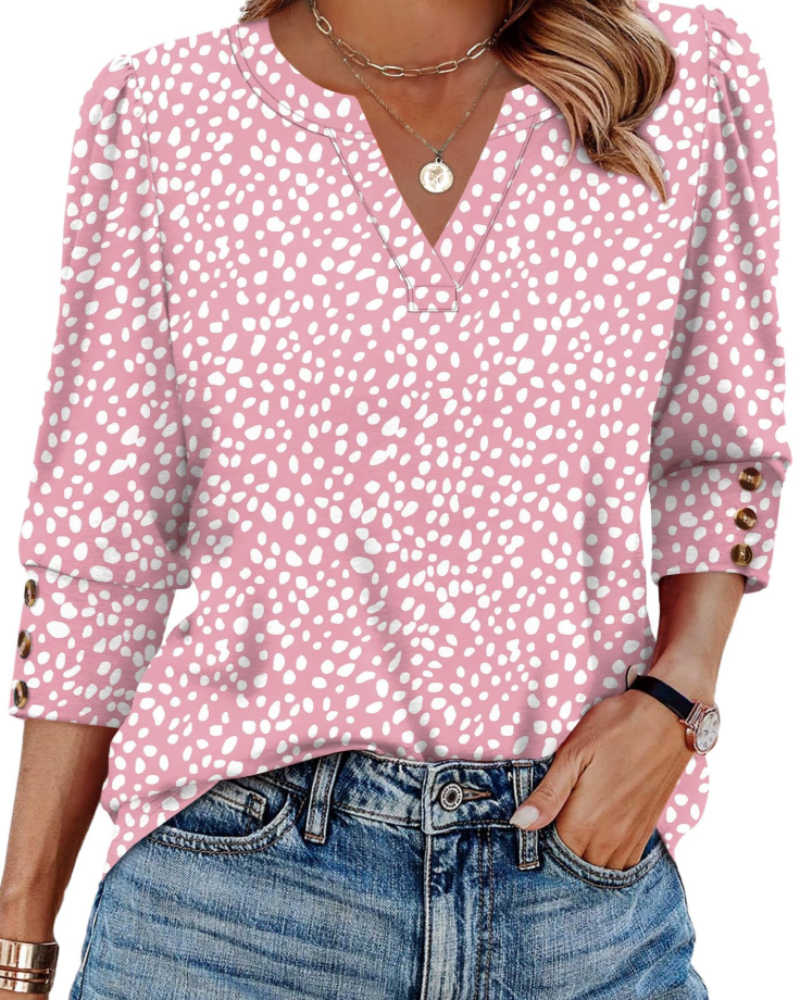 Blusa Séverine para mulher com decote em V – Top elegante com mangas 3/4 e punhos abotoados