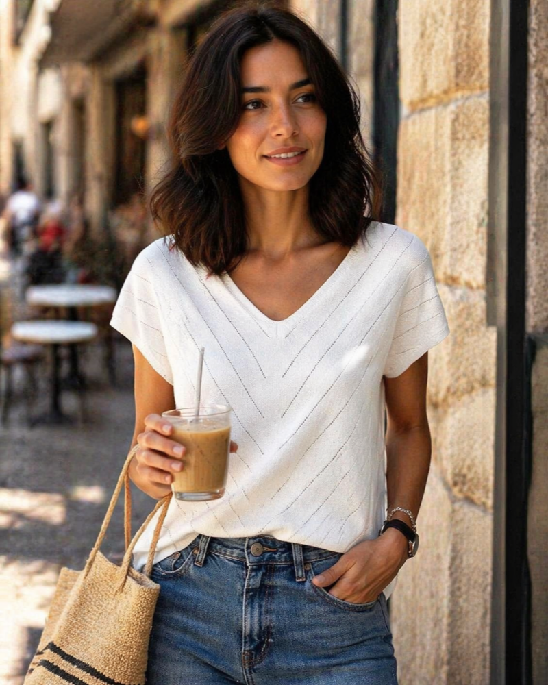 Orina Top Femme – Camisola Leve de Manga Curta com Decote em V Estilo Chic & Casual de Trabalho