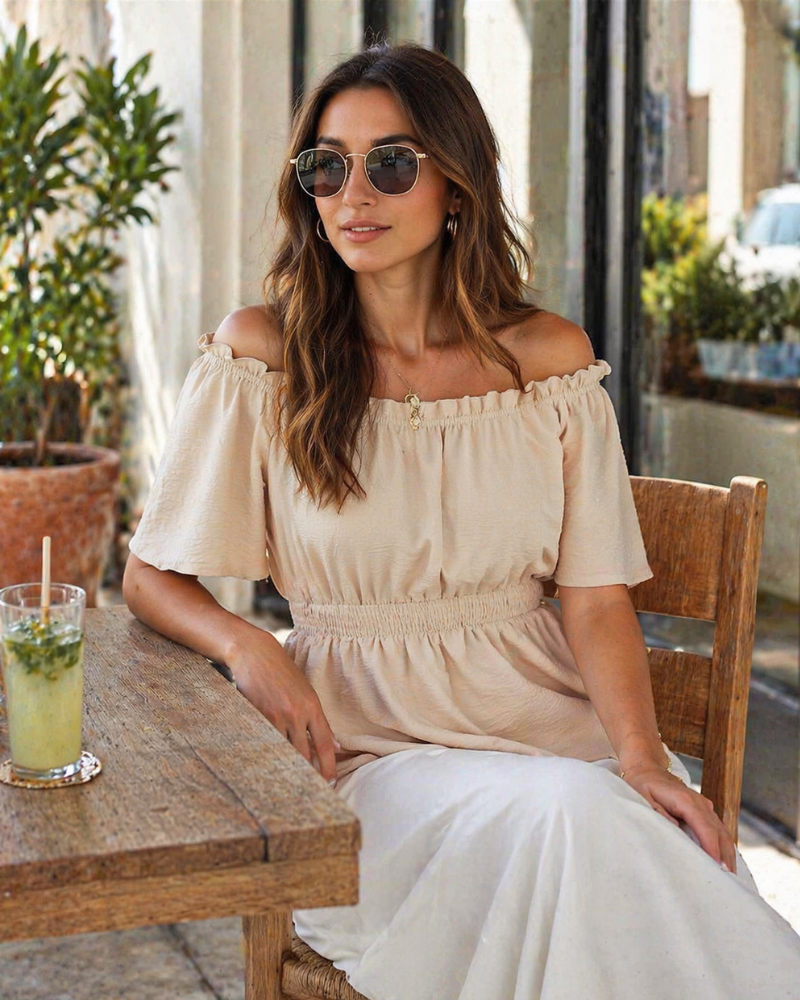 Lenora Top Femme – Váll nélküli fodros péplum blúz, elegáns, karcsúsított szabás, nyári