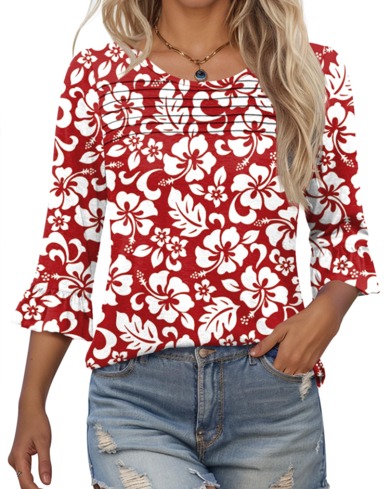 Bluza Lucy pentru femei vară – mâneci 3/4 cu volane și față plisată