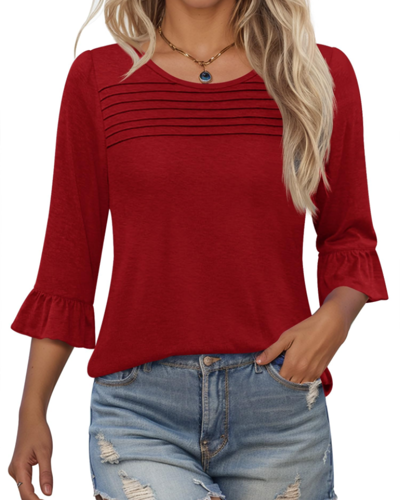 Bluza Lucy pentru femei vară – mâneci 3/4 cu volane și față plisată