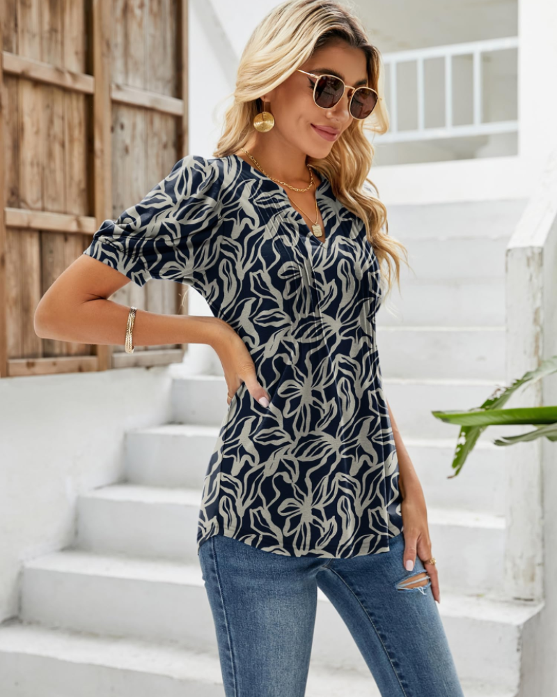 Bluza Nina pentru femei, vară – guler în V cu imprimeu floral, mâneci bufante și croială fluidă