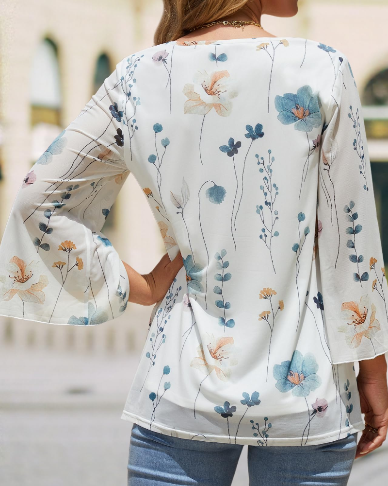 Kristine Women's Summer Blouse – Floral V-Neck, 3/4 Ruffle Sleeves, Plus Size