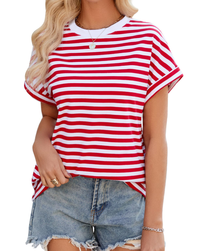 Tricou de vară pentru femei Madison – Oversize cu dungi, bumbac, guler rotund