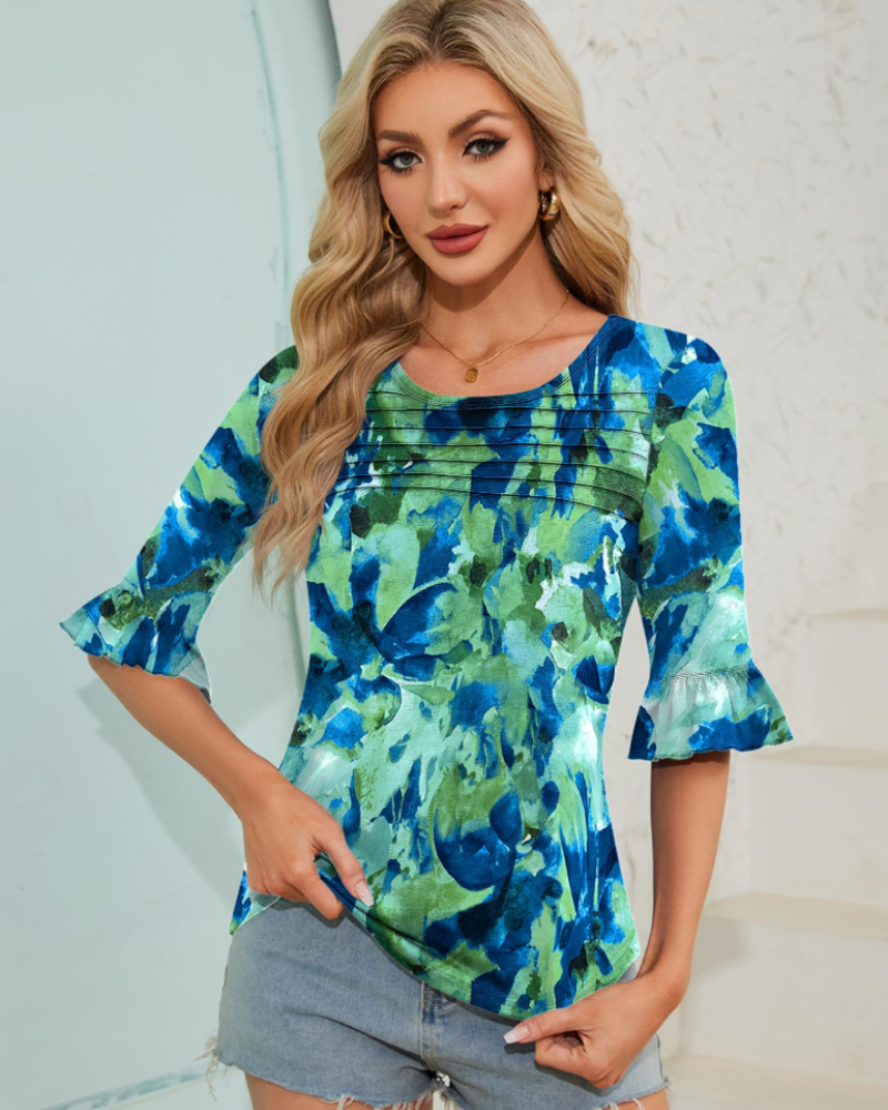 Bluza Lucy pentru femei vară – mâneci 3/4 cu volane și față plisată