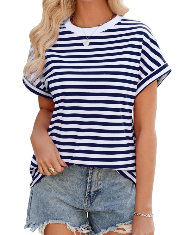 Tricou de vară pentru femei Madison – Oversize cu dungi, bumbac, guler rotund